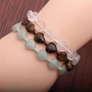 Tiger eye and clear crystal heart charm beaded bracelets on braided cord with adjustable closure