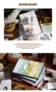 Macro shot of vintage stickers and scrapbook set with forest themes on dark wood