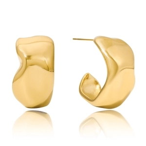 Detail of high-polish irregular C-shaped 14K gold-plated stainless steel earrings