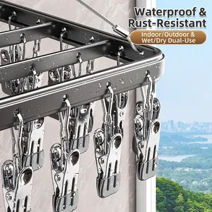 Waterproof aluminum alloy drying rack with multi-clips for socks and small laundry