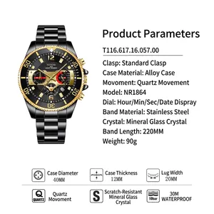 Business men's quartz watch with black stainless steel band and gold bezel, 30M waterproof