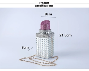Lipstick evening bag with rhinestones and chain, product dimensions 8cm by 21.5cm