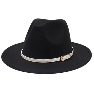 Detailed view of the black fedora hat with a contrasting white leather strap and buckle