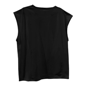 Flat lay back view of a men's casual sleeveless cotton t-shirt in solid black color