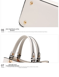 Detail of metal rivets on bag bottom and durable synthetic leather handle stitching