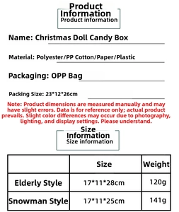 Detailed view of Santa and Snowman candy box dimensions and material specifications