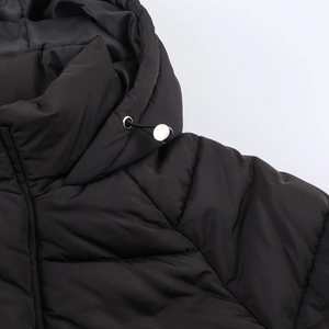Women's black quilted puffer coat featuring a hood with adjustable drawstring detail