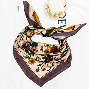 Floral satin square scarf in champagne and burgundy with elegant silk-like texture