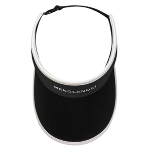 Women's black and white open top sun hat with wide brim and adjustable toggle strap