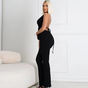 Women's sexy black textured backless halter top and high waist trousers set