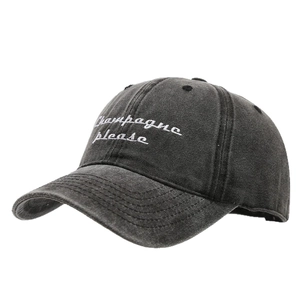 Washed dark grey baseball cap with Champagne Please white embroidery on front