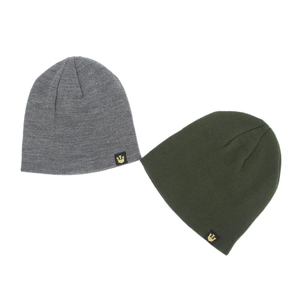 Winter knit beanies in grey and olive green featuring gold crown logo embroidery
