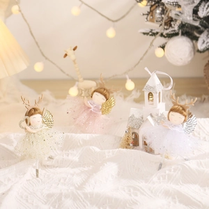 Christmas Angel Doll Hanging Ornaments With Deer Antlers Glitter Wings Tulle Skirt Fabric Holiday Tree Decorations Cute