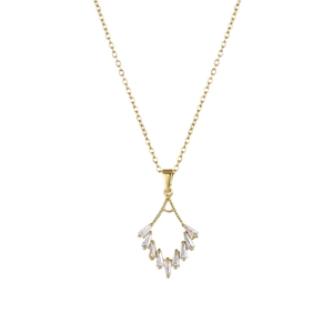 Minimalist V-shaped gold necklace with inlaid trapezoid cubic zirconia stones on white background