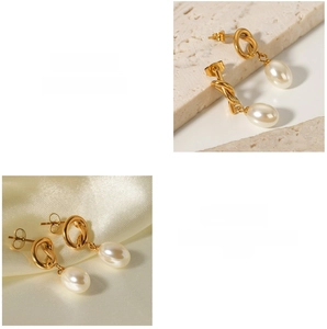 Detailed view of French Baroque drop pearl earrings with elegant golden rope knot studs