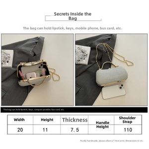 Guide des tailles détaillé pour sac de soirée argenté montrant l'espace intérieur