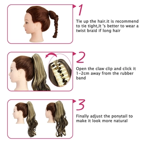 Three-step guide for wearing a claw clip wavy ponytail hair extension in brown highlights