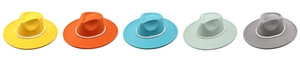 Flat top fedora hats with pearl rhinestone trim and wavy bands in five vibrant colors