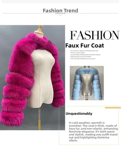 Detail view of thick faux fox fur texture on layered short shawls in rose and blue