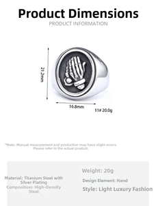 Detailed size chart for stainless steel prayer hands ring with 21.2mm height and 16.8mm width
