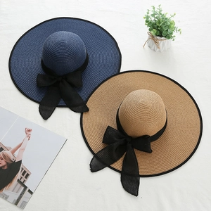 Women Straw Sun Hat Large Brim Paper Woven Beach Cap With Mesh Bow Tie Ribbon Contrast Piping Foldable Summer Travel Elegant