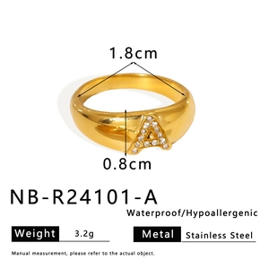 Detailed view of golden stainless steel letter A ring with dimensions and 3.2g weight