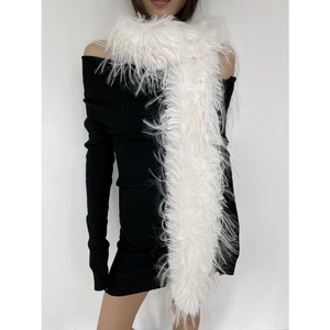 Chic white faux mink fur long scarf with plush texture worn on a black knit dress