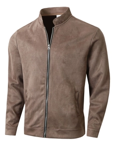 Detailed view of men's slim fit stand collar jacket with zip closure and matte texture