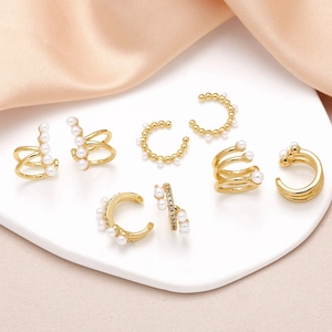 Artificial Pearl Ear Cuffs Copper Gold Plated Elegant No Pierced Ear Clip Jewelry With Shiny Zircon Accents For Women Fashion