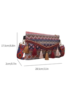 Detailed dimensions of jacquard crossbody bag with colorful tassels and wide strap
