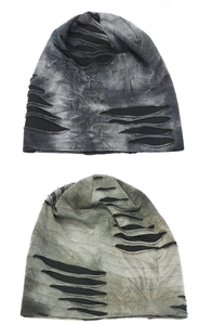 Close-up of charcoal grey and army green distressed knitted beanies with ripped texture