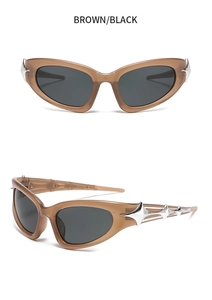 Detail view of cat eye Y2K sunglasses with silver star decor on brown and black frames