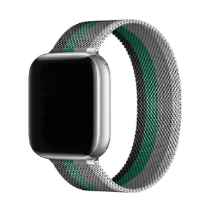 Detail of silver Milanese loop metal watch band with black and green center stripes