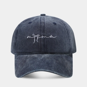 Washed navy blue denim baseball cap with white mama bow embroidery for women