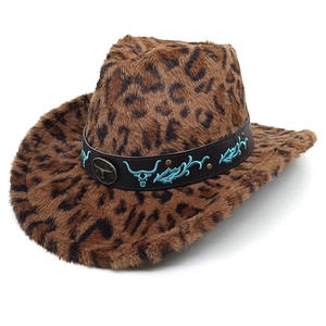 Chapeau De Cowboy Occidental À Imprimé Léopard Fausse Fourrure Large Bord Vintage Avec Broderie Tête De Taureau Et Badge Métallique Pour Hommes Femmes