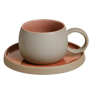 Japanese style grey and pink ceramic coffee cup set with saucer on white background