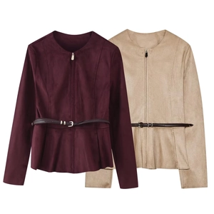 Women Suede Jacket Peplum Hem Round Neck Long Sleeve Zipper Coat With Belt Solid Color Elegant Casual Streetwear