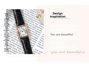 Close-up of vintage square watch with rose gold zircon bezel and black leather strap