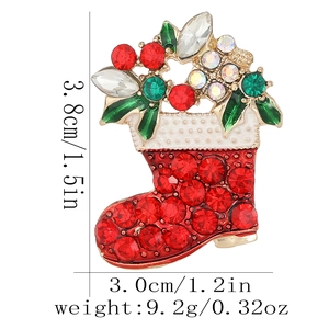 Detailed size chart of Christmas stocking brooch with alloy rhinestones in red and green