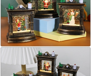 Close-up of vintage bronze Christmas lantern with Santa Claus and sparkling snow swirl