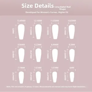 Size chart detail for purple long coffin press-on nails showing 12 different dimensions