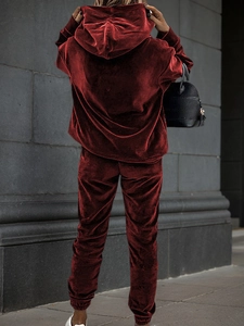 Rear view of wine red velvet hoodie and jogger set showing premium fabric texture
