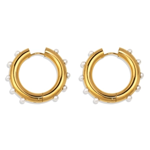 Close-up of gold hoop earrings with small white pearls on a clean white background