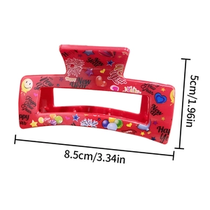 New Year red hair claw clip with colorful fireworks and stars patterns, size 8.5cm