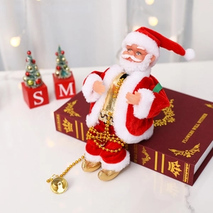 Elektrischer musikalischer Weihnachtsmann auf Geschenkbox mit Weihnachtsbaum Deko