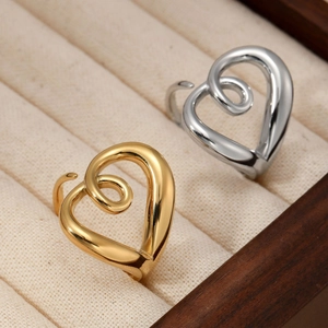 Twisted Swirl Heart Opening Ring Stainless Steel Adjustable PVD Gold Silver Plated Waterproof Minimalist Jewelry For Women