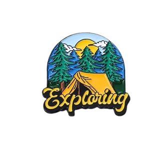 Outdoor camping enamel pin with tent and trees design featuring Exploring text