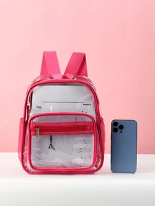 Detailed view of pink transparent PVC backpack with adjustable straps and side mesh pockets