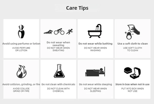 Guide showing care instructions for stainless steel jewelry with icons for maintenance