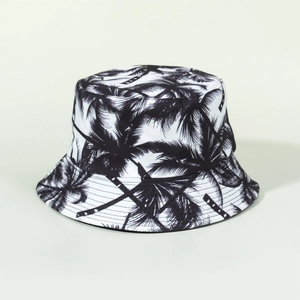 Vue détaillée du motif palmier tropical et des coutures sur le chapeau bob réversible